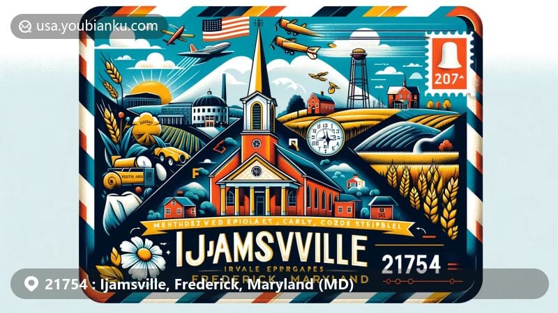 Modern illustration of Ijamsville, Frederick, Maryland, with postal theme and ZIP code 21754, featuring Methodist Episcopal Church, local farms, slate quarry, Maryland state flag, and postal elements.