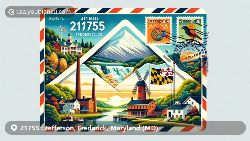 Modern illustration of Jefferson, Frederick County, Maryland, showcasing Catoctin Mountain, Lewis Mill Complex, George Willard House, Jefferson Ruritan Club, and Maryland state flag, with air mail envelope design highlighting ZIP code 21755.