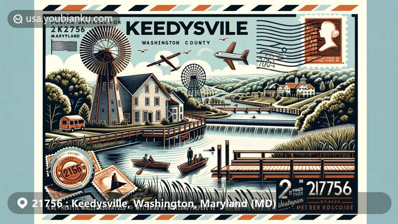 Modern illustration of Keedysville, Washington County, Maryland, highlighting postal theme with ZIP code 21756, featuring historic mill, Mt. Briar Wetland Preserve, and Chestnut Grove Park.