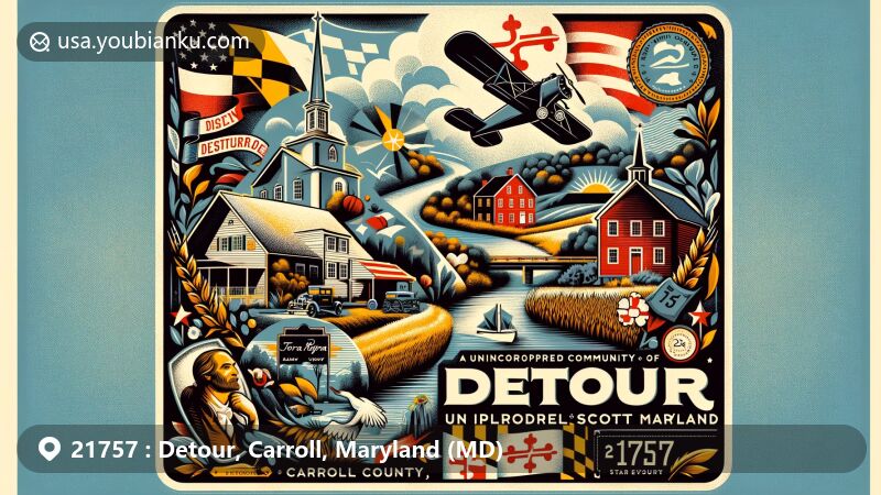 Modern illustration of Detour, Carroll County, Maryland, showcasing postal theme with ZIP code 21757, featuring rural scenery, farmlands, and historical significance, along with symbols of Maryland state.