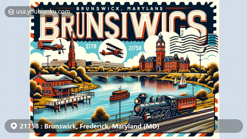 Modern illustration of Brunswick, Frederick County, Maryland, with Potomac River backdrop and vintage railroad, featuring postal theme with ZIP code 21758 and historic landmarks like Baltimore and Ohio Railroad Station.