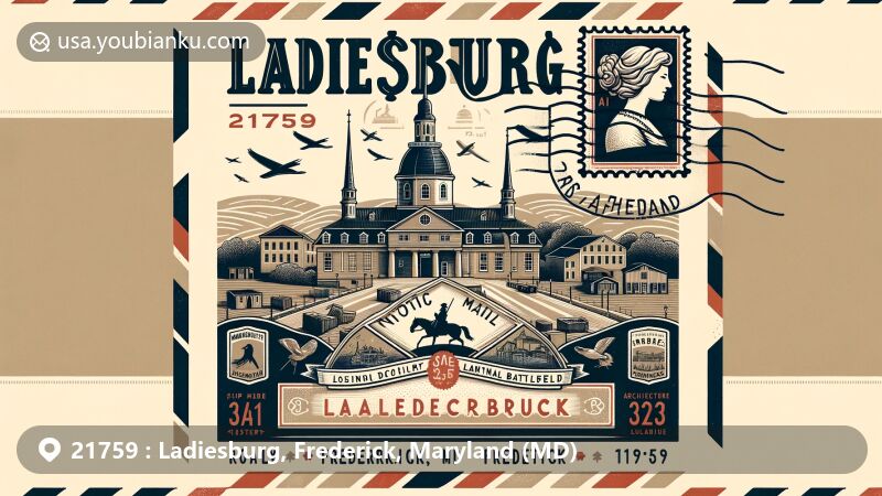Modern illustration of Ladiesburg, Frederick, Maryland, highlighting postal theme with ZIP code 21759, featuring elements of Historic Downtown, Monocacy National Battlefield, and Schifferstadt Architectural Museum.