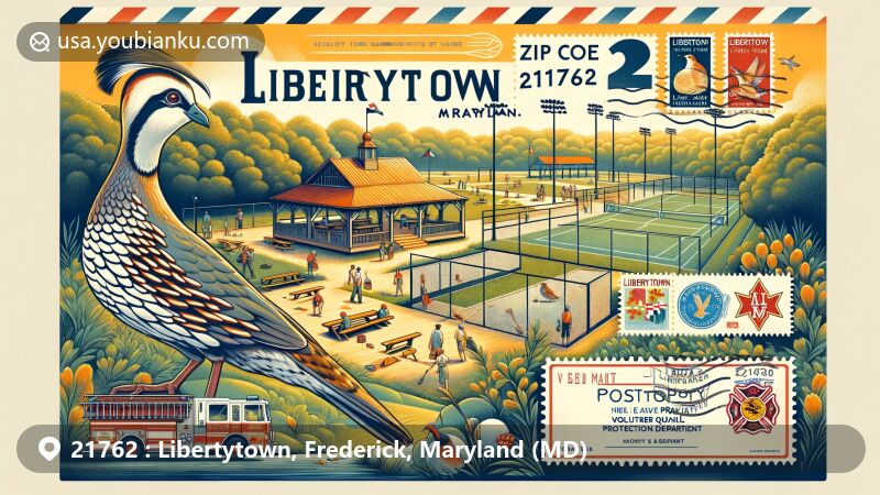 Modern illustration of Libertytown, Maryland, with Libertytown Park, Volunteer Fire Department, and a postcard theme, showcasing community engagement and local attractions.