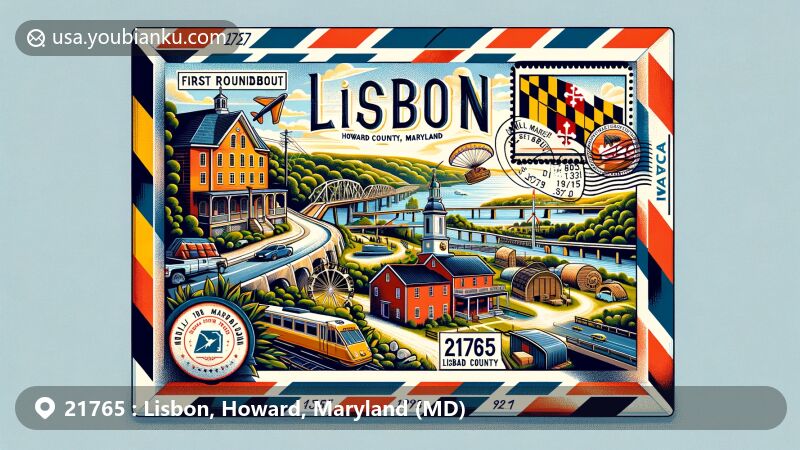 Modern illustration of Lisbon, Howard County, Maryland, capturing postal theme with ZIP code 21765, featuring first roundabout, National Road, and Cattail Creek Quarry.