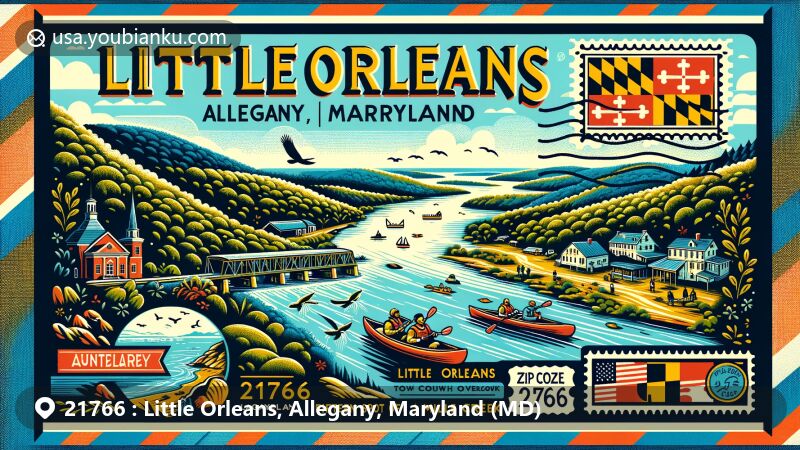 Modern illustration of Little Orleans, Allegany, Maryland, showcasing Town Hill Overlook and natural beauty of Potomac River and Fifteen Mile Creek, with postal elements like Maryland state flag stamp and ZIP code 21766.
