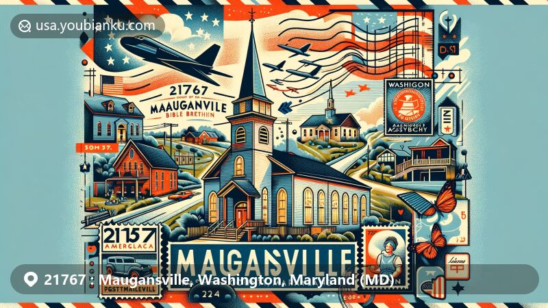 Modern illustration of Maugansville, Maryland, showcasing postal theme with ZIP code 21767, featuring local churches Maugansville Bible Brethren and Zion Assembly of God, Washington County elements, and American symbols.
