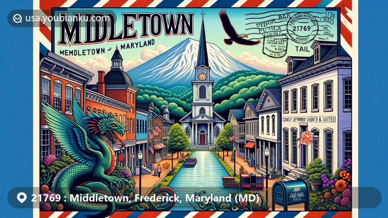 Modern illustration of Middletown, Frederick County, Maryland, with vintage air mail envelope frame, showcasing Main Street's historic Federal and Greek Revival architecture, Catoctin Creek, Braddock Mountain, and the Snallygaster creature.