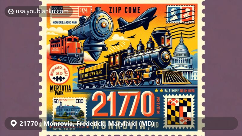 Vibrant illustration of ZIP code 21770, Monrovia, Maryland, depicting historical and modern elements like the Baltimore and Ohio Railroad and Kemptown Park, with vintage postal items and Maryland state symbols.