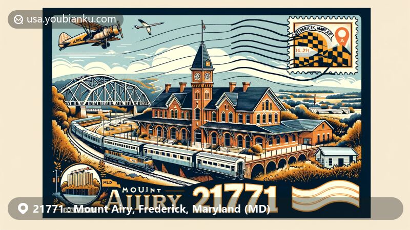 Modern illustration of Mount Airy, Frederick County, Maryland, highlighting ZIP code 21771, featuring historic train station, Twin Arch Bridge, and Parrs Ridge, creatively framed within air mail envelope design with Maryland state flag and postal elements.