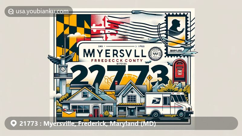 Modern illustration of Myersville, Maryland, showcasing postal theme with ZIP code 21773, featuring Maryland state flag, Frederick County outline, stamps, postmark, mailbox, and mail truck.