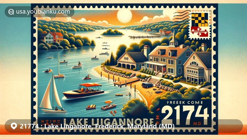 Modern illustration of Lake Linganore, Frederick, Maryland, capturing ZIP code 21774 with a blend of natural beauty, community spirit, and postal themes, featuring Lake Linganore, recreational activities, local architecture, the Dam, Brosius Rock, vintage air mail envelope, Maryland state flag stamp, and '21774' ZIP code.