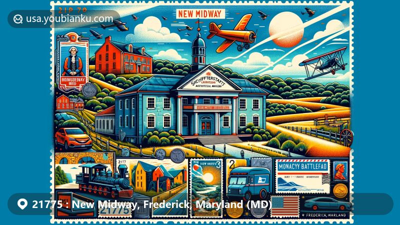 Intricate illustration of ZIP code 21775, New Midway, Frederick County, Maryland, showcasing Schifferstadt Architectural Museum, Monocacy National Battlefield, and natural beauty, with postal elements like airmail envelope, stamps, postmark, and vintage postal truck.