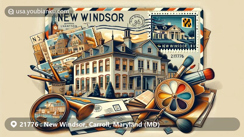 Modern illustration of New Windsor, Maryland, showcasing Linwood Historic District, Avalon, and Appler-Englar House, with vintage air mail envelope theme, stamp of district, New Windsor postmark, and Maryland state flag.
