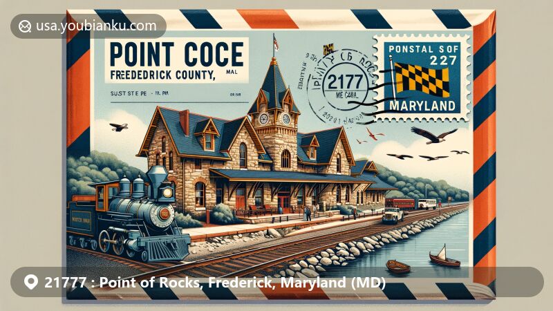 Modern depiction of Point of Rocks, Frederick County, Maryland, highlighting ZIP code 21777, featuring the iconic Point of Rocks railroad station and C&O Canal, adorned with Maryland state flag, all within an airmail envelope.