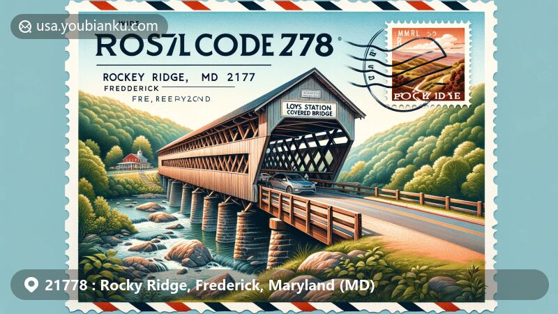 Modern illustration of Loys Station Covered Bridge in Rocky Ridge, Maryland, Frederick County, featuring postal elements like a stamp and postmark with ZIP code 21778, set against lush greenery and clear sky.