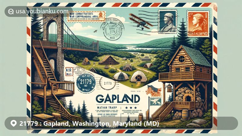 Modern illustration of Gapland, Washington, Maryland (MD), showcasing postal theme with ZIP code 21779, featuring War Correspondents Memorial Arch, Appalachian Trail, Gathland State Park, The Treehouse Camp, and rustic postal elements.
