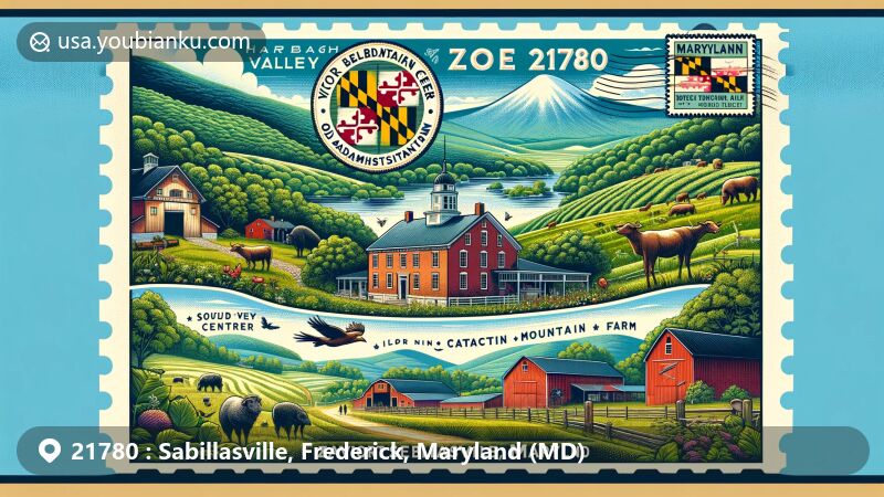 Modern illustration of ZIP code 21780, Sabillasville, Maryland, showcasing Harbaugh Valley framed by South Mountain and Wertenbaker Hill, Victor Cullen Center, Catoctin Mountain landscape, sustainable farms, and Maryland state flag stamp.