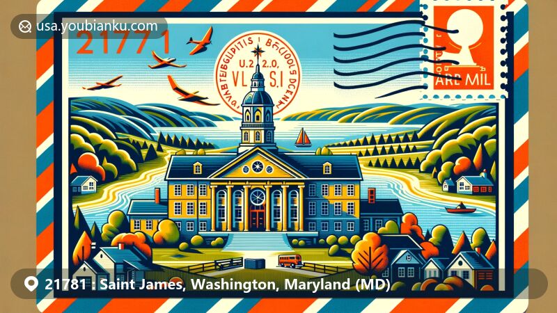 Contemporary illustration of Saint James, Washington County, Maryland, inspired by postal theme with ZIP code 21781, featuring local landscape, Saint James School elements, and a warm educational atmosphere.