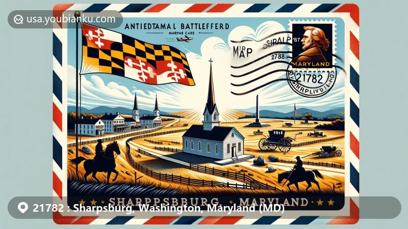 Modern illustration of Sharpsburg, Washington, Maryland (MD) with ZIP code 21782, featuring Antietam National Battlefield, Dunker Church, and Bloody Lane, emphasizing historical significance and postal theme.