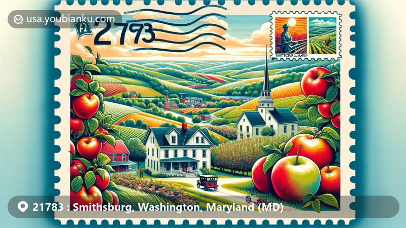 Modern illustration of Smithsburg, Maryland, representing ZIP code 21783, featuring vibrant depictions of rolling hills, agricultural landscape, and architectural character from mid-19th to early 20th century, incorporating apple orchards, Appalachian Trail, and postal themes.