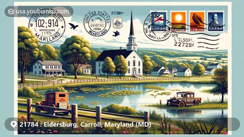 Modern illustration of Eldersburg, Maryland, depicting rural landscape with lush trees and a small lake, historic church in the background, incorporating symbols of the United States and Maryland, and displaying ZIP code 21784.