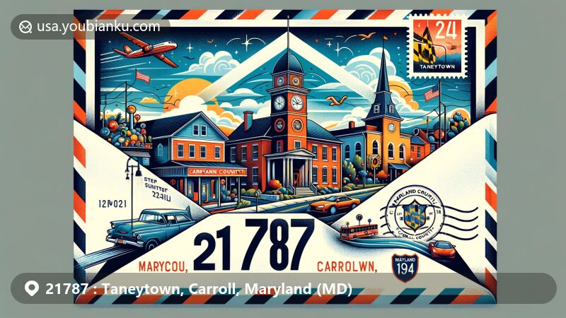 Modern illustration of Taneytown, Carroll County, Maryland, featuring ZIP code 21787, showcasing postal theme with Maryland Route 140 and Route 194, Taneytown clock, Taneytown History Museum, and Maryland state flag stamps.