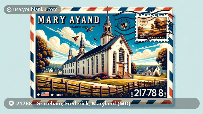 Modern illustration of Graceham Moravian Church and Parsonage, a historic landmark in Frederick County, Maryland, showcasing unique 18th-century Moravian settlement with Flemish bond brick church, Maryland state flag, and vintage postal theme with ZIP code 21788.