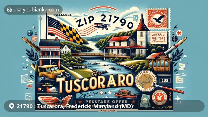 Modern illustration of Tuscarora, Frederick County, Maryland, highlighting postal theme with ZIP code 21790, featuring Tuscarora Creek and historic post office along Maryland Route 28, incorporating Maryland state flag and Frederick County's landmarks like Monocacy National Battlefield and Schifferstadt Architectural Museum.