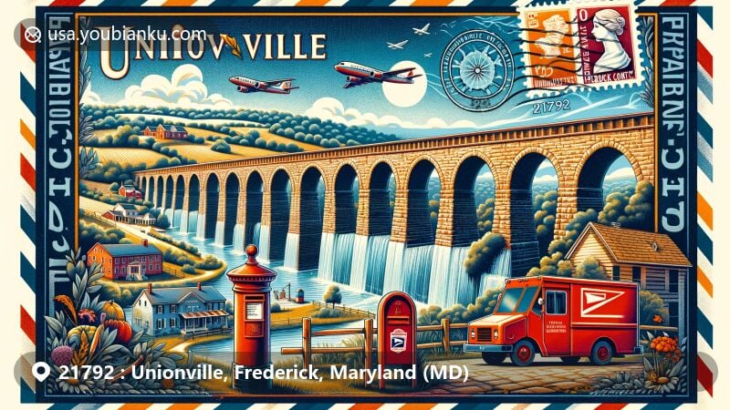 Modern illustration of Monocacy Aqueduct in Unionville, Frederick County, Maryland, featuring vintage air mail envelope with scene, Francis Scott Key stamp, red postbox, mail delivery truck, and ZIP code 21792.