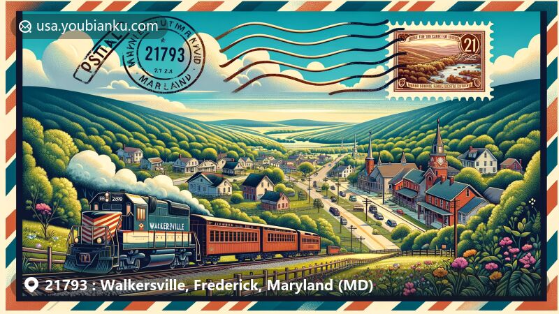 Modern illustration of Walkersville, Maryland, showcasing Walkersville Southern Railroad and postal theme with ZIP code 21793, featuring vintage postcard design and postal symbols.
