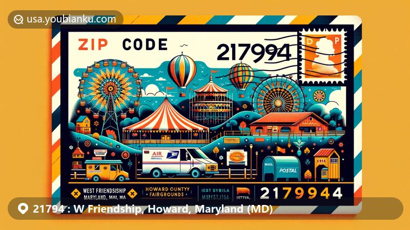 Contemporary illustration of West Friendship, Howard County, Maryland, inspired by ZIP code 21794, showcasing Howard County Fairgrounds and Festival of India with postal theme.