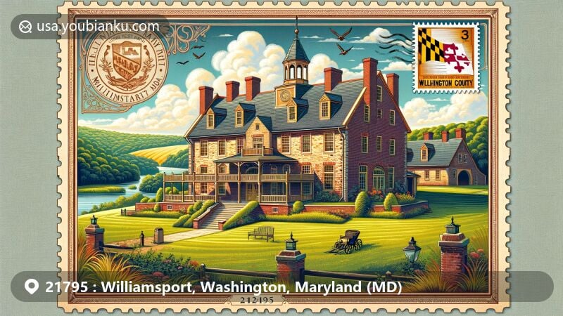Modern illustration of Rose Hill Manor, Williamsport, Maryland, featuring Flemish bond brickwork and hip roof against Washington County's scenic backdrop, showcasing Maryland's countryside charm with vintage postcard border, state flag stamp, and ZIP code 21795.
