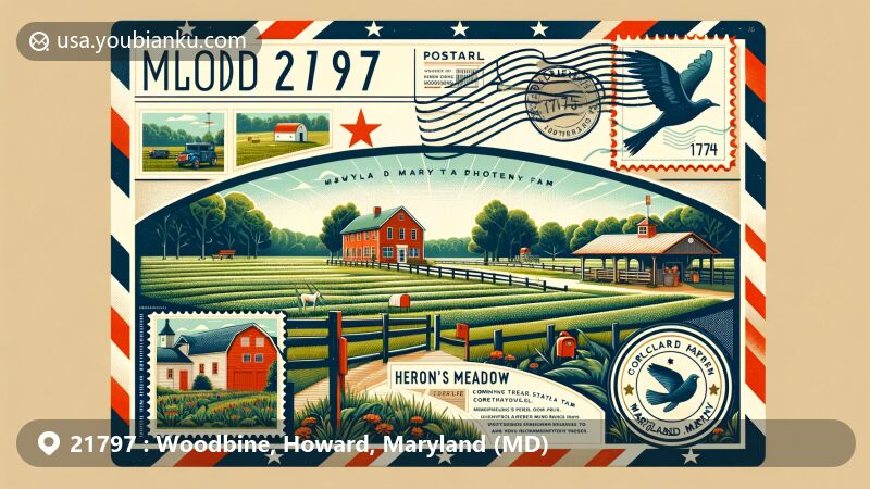 Modern illustration of Woodbine, Howard County, Maryland, showcasing ZIP code 21797 with Heron's Meadow Farm, Circle D Farm, and Maryland's Civil War history.