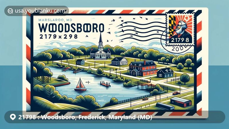 Modern illustration of Woodsboro, Frederick, Maryland, highlighting ZIP code 21798, showcasing Woodsboro Park, Woodsboro Academy, and postal theme with Maryland state symbols.