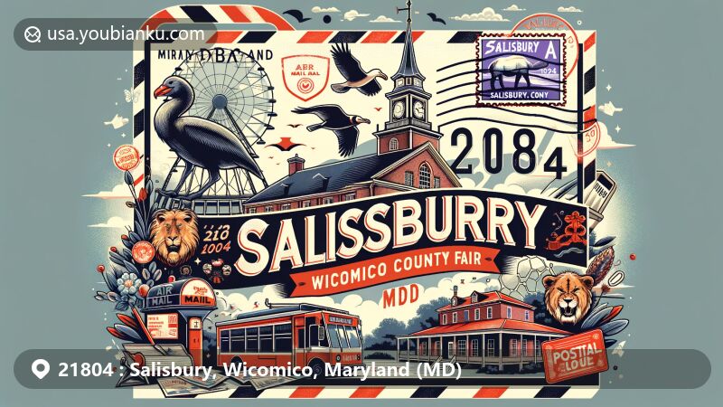 Modern illustration of Salisbury, Wicomico County, Maryland, portraying postal theme with ZIP code 21804, featuring Salisbury Zoo, Pemberton Hall, and Wicomico County Fair, alongside Maryland state symbols and postal service elements.