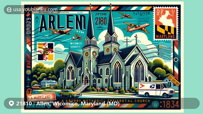 Modern illustration of Asbury Methodist Episcopal Church in Allen, Wicomico County, Maryland, featuring Maryland state flag and postal elements with vintage airmail envelope background, stamps, and ZIP Code 21810 postmark.