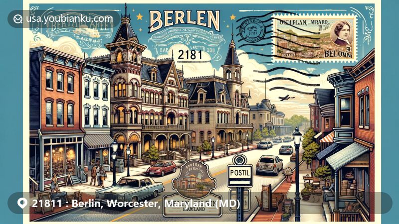 Modern illustration of Berlin, Maryland, showcasing historic downtown with Victorian architecture, art galleries, antique shops, and the Calvin B. Taylor House Museum, merging postal elements with geographical and cultural features.