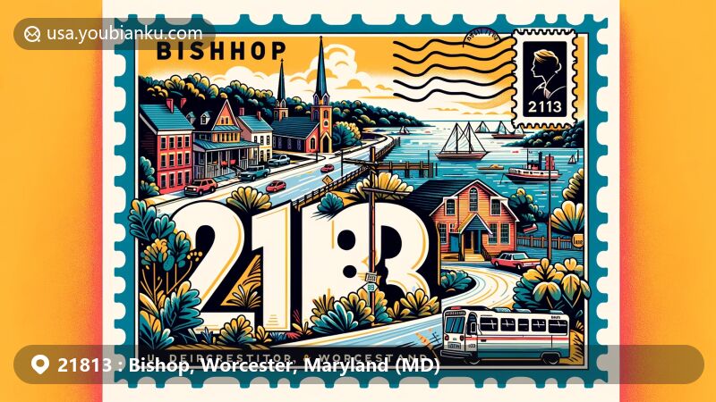 Modern illustration of Bishop, Worcester County, Maryland, spotlighting ZIP code 21813 with a clever integration of regional and postal elements, featuring U.S. Route 113, Maryland Route 367 intersection, Bishopville Prong, and Delaware state line.