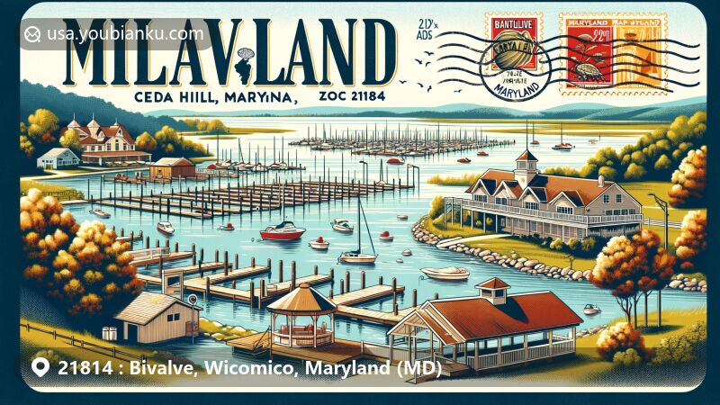 Modern illustration of Bivalve, Wicomico County, Maryland, highlighting Cedar Hill Marina and Park along the Nanticoke River, incorporating Maryland state flag and postal elements with ZIP code 21814.
