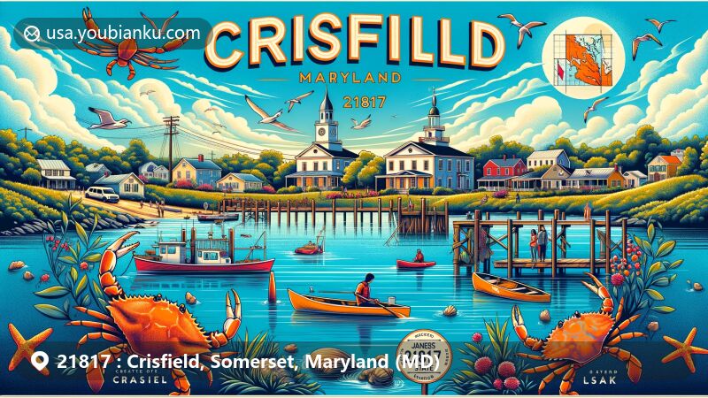 Modern illustration of Crisfield, Maryland, known as the 'Seafood Capital of the World,' showcasing Chesapeake Bay, Janes Island State Park, and the iconic seafood industry, with boats, crab traps, kayaks, wildlife, crabs, oysters, Maryland state flag, and ZIP code 21817.