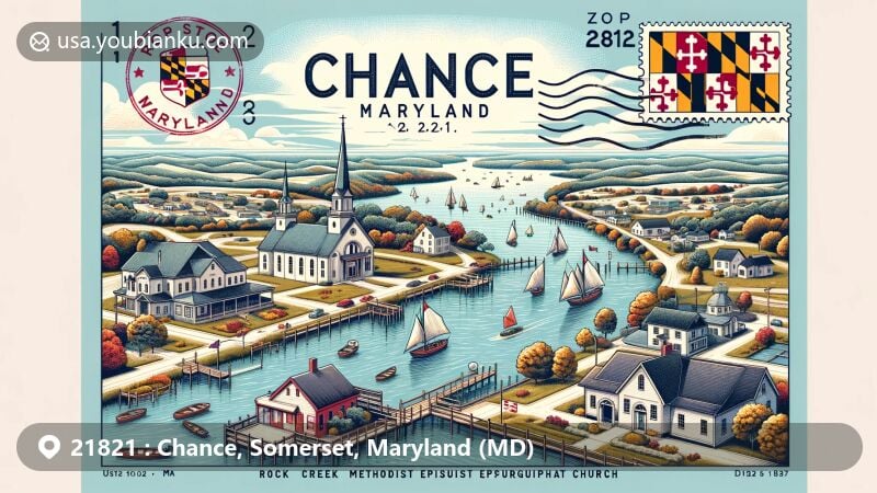 Modern illustration of Chance, Maryland, highlighting natural landscape with water bodies and land distribution, including Rock Creek Methodist Episcopal Church and Maryland state symbols, featuring postal elements with postcard layout, stamps, and postmark showcasing ZIP code 21821.