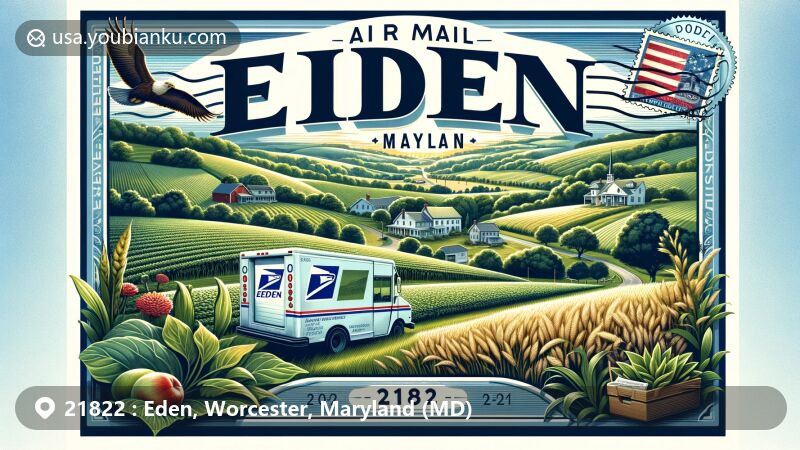 Modern illustration of Eden, Worcester County, Maryland, highlighting postal theme with ZIP code 21822, featuring rolling hills, farmland, and symbols of postal communication.
