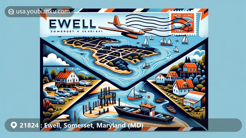 Modern illustration of Ewell, Somerset County, Maryland, featuring island community with ZIP code 21824, showcasing unique geographical shape of Smith Island and local fishing culture elements.