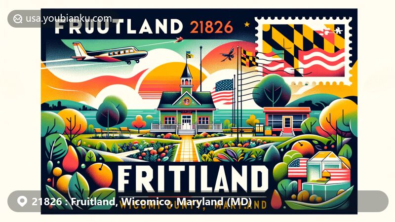 Modern illustration of Fruitland, Wicomico County, Maryland, with a postal theme around ZIP code 21826, featuring Fruitland Recreational Park and Maryland state flag.
