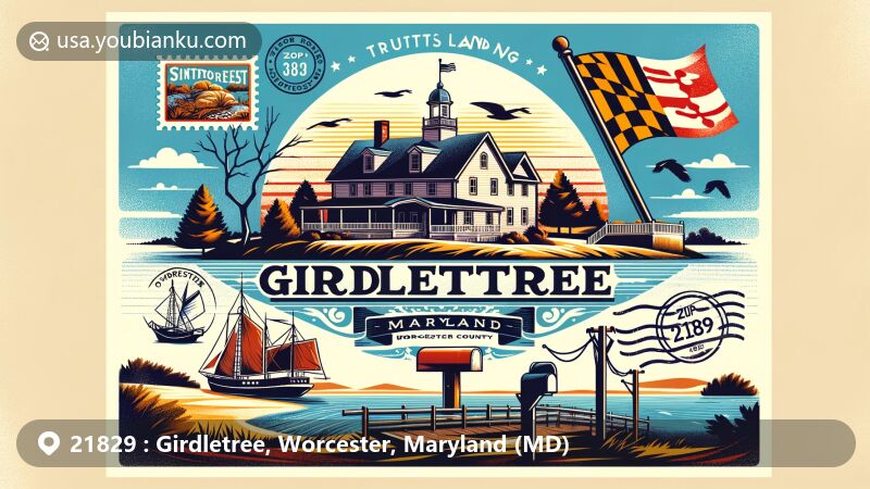 Modern illustration of Girdletree, Maryland, showcasing postal theme with ZIP code 21829, featuring Truitts Landing, Chincoteague Bay, Maryland state flag, Worcester County outline, vintage postcard layout, postal stamps, postal mark, and mailbox.
