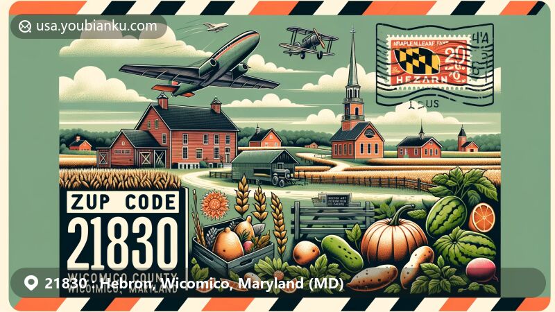 Modern illustration of Hebron, Wicomico County, Maryland, displaying ZIP code 21830, featuring Maple Leaf Farm Potato House, Spring Hill Church, and local landmarks. Includes postal theme with vintage airmail envelope, stamp, postal mark, and agricultural motifs, highlighting the area's farming heritage and small-town allure.