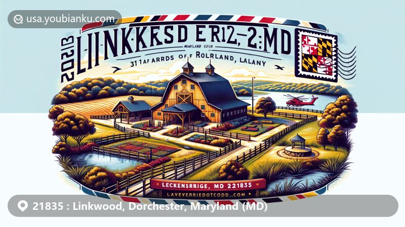 Modern illustration of Linkwood, Dorchester, Maryland, showcasing the Breckenridge Barn in a rustic countryside setting, with postal elements like a Maryland state flag stamp and a Linkwood, MD 21835 postmark.