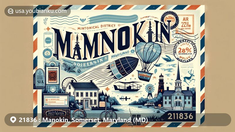 Modern illustration of Manokin, Somerset, Maryland, highlighting postal theme with ZIP code 21836, featuring Manokin Historic District and Manokin River Park.