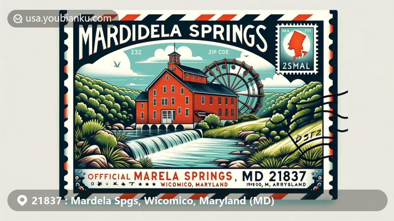 Modern illustration of Mardela Springs, Wicomico County, Maryland, presented as an airmail envelope with ZIP code 21837, showcasing the official seal, Double Mills, and Barren Creek area's natural beauty.