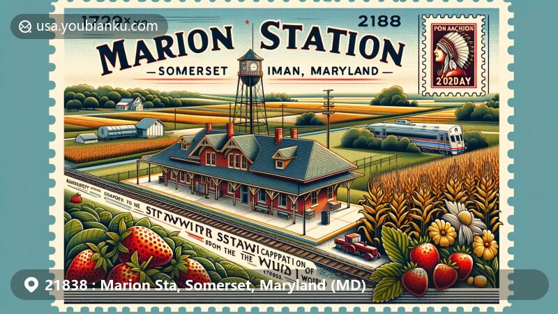 Modern illustration of Marion Station, Somerset County, Maryland, with a stylized postcard design highlighting Accohannock Indian Museum, strawberries, soybeans, and corn, and postal elements like a postage stamp and postmark with ZIP code 21838.